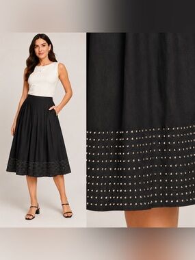 Talbots Black Pleated Cotton Midi Skirt beaded Hem Size 12P Petite